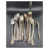 ASSORTED SILVER PLATE ICE TEA SPOONS, TONGS, ETC.