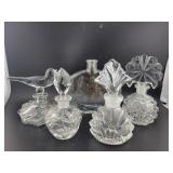 5 CRYSTAL PERFUME BOTTLES - 1 HAS NO STOPPER