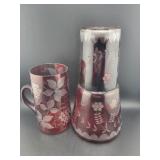 RED CUT TO CLEAR HOTEL WATER SET AND A TUMBLER