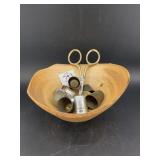 WOODEN BOWL W/6 THIMBLES AND SEWING SCISSORS
