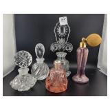 5 CRYSTAL PERFUME BOTTLES - 1 W/ATOMIZER