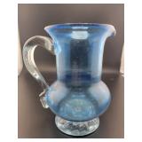 5" BLUE AND CRYSTAL HAND BLOWN PITCHER
