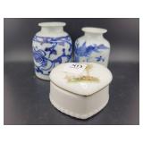 (2) BLUE AND WHITE VASES AND PRECIOUS MOMENTS