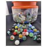 JAR OF ASSORTED GLASS MARBLES - COUNT UNKNOWN