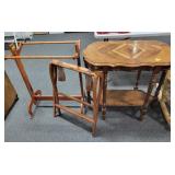 ANTIQUE 6 LEG LAMP TABLE, WOODEN LUGGAGE STAND AND