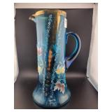 11 INCH BLUE BRISTOL GLASS PITCHER - FLORAL DESIGN