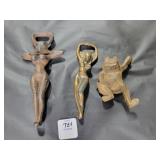 2 BRONZE BOTTLE OPENERS AND IRON FROG