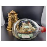 6" SHIP IN BOTTLE MODEL AND BRASS PILOT WHEEL