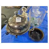 SILVERPLATE COVERED DISH, POTTERY BOWL, SPOONER,