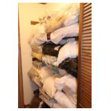 BLANKETS, MIRROR, CLOTHING IN HALL CLOSET