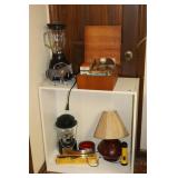 SHELF, LANTERNS, BLENDER, LAMP ETC