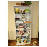 SHELF WITH DISHES, TRASH BAGS, ETC