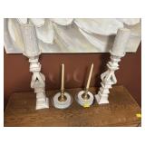 2 WOODEN CANDLE STANDS AND 2 BRASS CANDLE HOLDERS