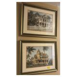 2 HOUSE PRINTS AND 8  ASSORTED PICTURES AND PLAQUE
