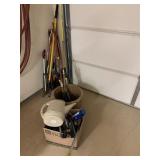 PLANTER WITH ASSORTMENT OF YARD TOOLS AND SUPPLIES