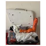 BASKET WITH HAIRDRYER, BLOOD PRESSURE TESTER, ETC.