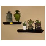 2 WALL FLOATING SHELVES WITH ASSORTMENT OF VASE-