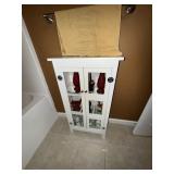 CONTENTS OF BATHROOM- CLOCK, SMALL WHITE CABINET,