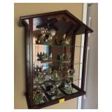 WALL HANGING DISPLAY CASE W/9 CERAMIC BIRDS AND
