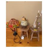2 PLANT STANDS WITH FIGURINES AND SMALL LAMP