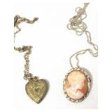 2 NECKLACES: CAMEO PENDANT/PIN W/STERLING SILVER