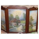 OAK 3 PANEL FIRE SCREEN W/ OIL ON CANVAS LAKE
