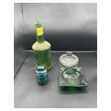 ANTIQUE GREEN GLASS BOTTLE, ASHTRAYS, &.....