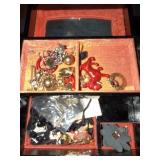 ASIAN DESIGN JEWELRY BOX W/VINTAGE COSTUME JEWELRY