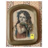ANTIQUE FRAMED PRINT "LITTLE GIRL WITH FLOWERS"