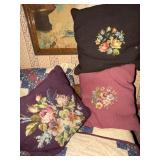 3 HAND MADE NEEDLE POINT THROW PILLOWS