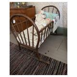 ANTIQUE BENT WOOD BABY CRADLE W/ DOLL & BEDDING