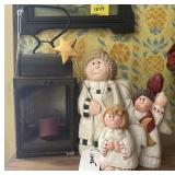 3 WOODEN ANGEL FIGURINES & SMALL CANDLE LANTERN
