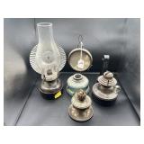 4 OIL LAMPS (3 HANGING & 1 FINGER LAMP)
