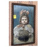 ANTIQUE PRINT "GIRL WITH HAT & MUFFLER" FRAMED....