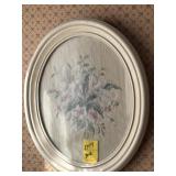 PAIR OF OVAL FRAMED EMBROIDERED FLOWER PRINTS