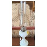 MILK GLASS OIL LAMP W/ CHIMNEY