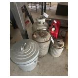 3 GAS CANS, PROPANE CAN, SMALL GARBAGE CAN