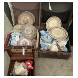 ANTIQUE PLATES, BOWLS, CUPS, 3 LUGGAGE BOXES