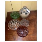 4 GLASS FLOWER FROGS, 1 CROCK VASE