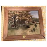 OIL ON CANVAS "CATTLE & LOG CABIN" BY B. WOLF