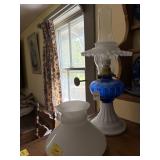 COBALT BLUE & MILK GLASS CONVERTED OIL LAMP