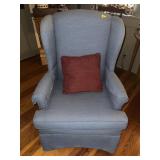 PAIR OF BLUE UPHOLSTERED WING BACK CHAIRS