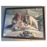 FRAMED "GIRL WITH PUPPY" PRINT, WIG HOLDER, &...
