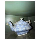 BLUE & WHITE IRONSTONE TEAPOT **CHIPS ON SPOUT**