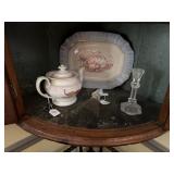 IRONSTONE PLATTER, TEAPOT, GLASS CANDLESTICK.....