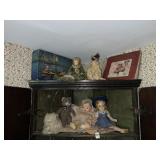4 ANTIQUE DOLLS, 2 STUFFED ANIMALS...