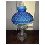 CONVERTED GLASS OIL LAMP W/ BLUE SATIN GLASS SHADE