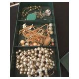 3 STRANDS OF PEARLS, CLIP ON EARRINGS & MORE