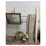 ASSORTED DECOR ITEMS: RUG, WALL PICTURE, FLOWERS