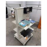 ROLLING TWO SIDED DISPLAY SHELF WITH CONTENTS